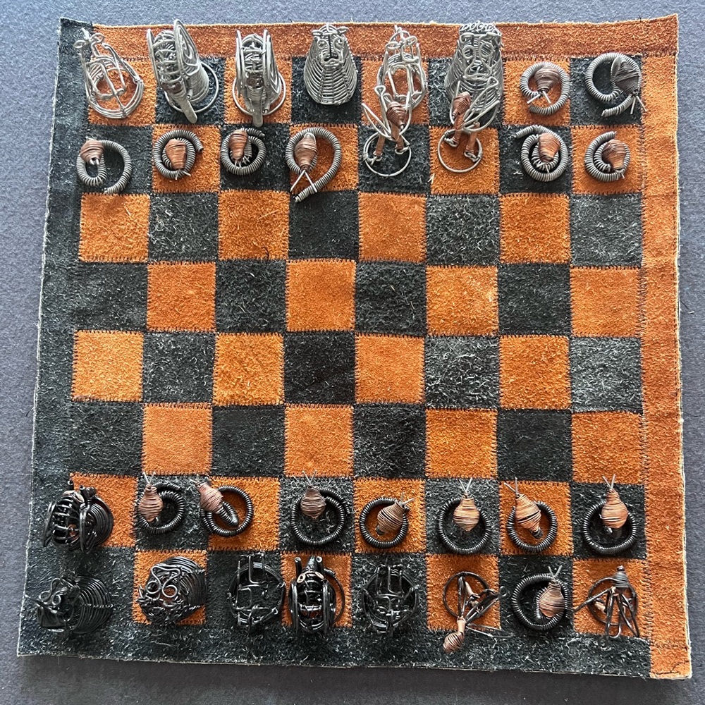 Vintage handmade suede and wire chess set